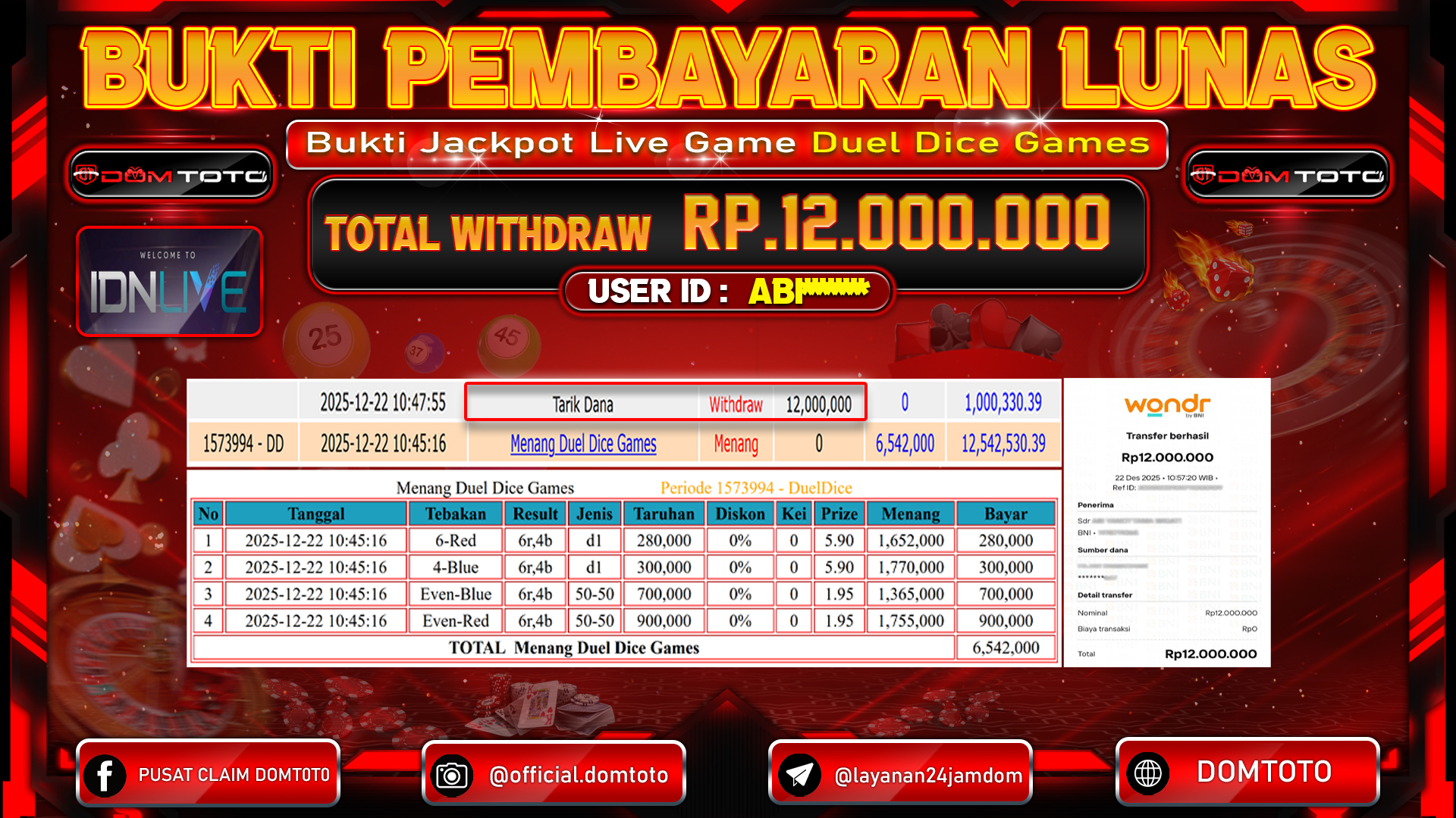 JACKPOT LIVE GAMES Duel Dice Games  22 DECEMBER 2025